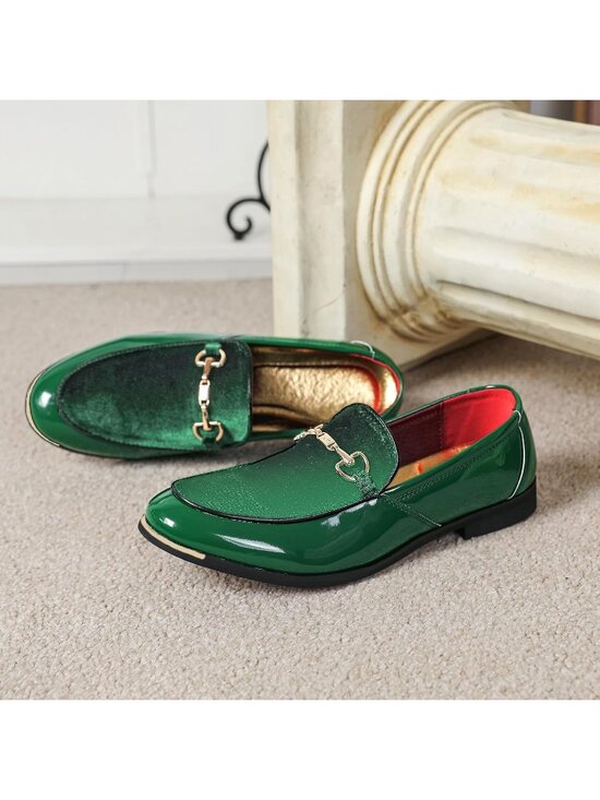Men\'s Green Rubber Velvet Patent Leather Loafer Gold Buckle Slip On Luxury Shoes main image 5